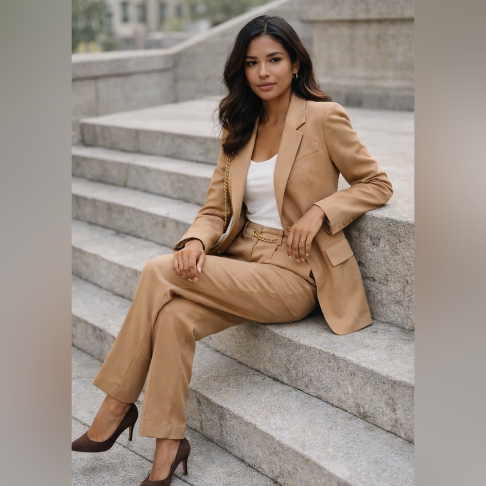 Oscar de la Renta Wool Gold Chain Detail Two Piece Pant Suit in Warm Tan Sz 4 - Picture 4 of 15